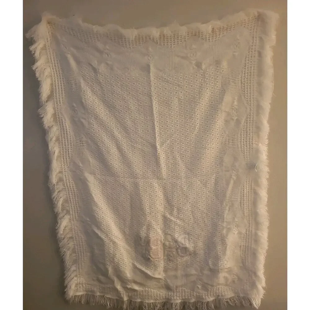 Vintage Baby Blanket bright future White “BABY” Fringe Trim 36 X 47 Cottagecore